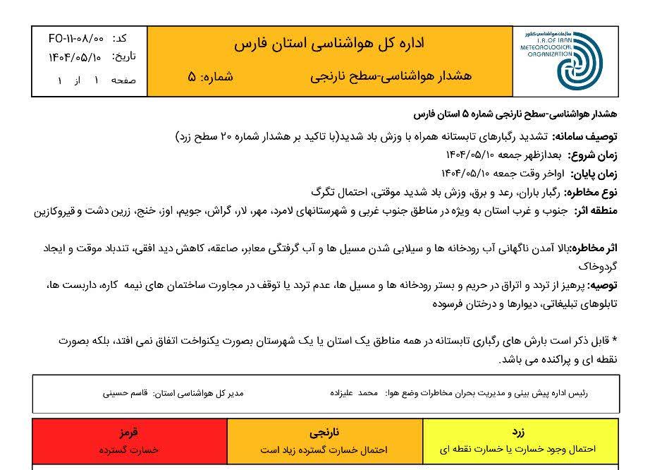 اداره کل هواشناسی استان فارس با اعلام هشدار سطح نارنجی از تشدید رگبارهای تابستانه همراه با وزش باد شدید در جنوب و جنوب غرب استان از بعد ظهر امروز جمعه مورخ ۱۴۰۴/۰۵/۱۰ تا اواخر وقت روز خبر داد.  