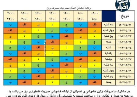 جدول جدید خاموشی شهرستان جهرم از تاریخ ۲۱ مرداد تا ۳۱ مرداد ۱۴۰۴ اعلام شد