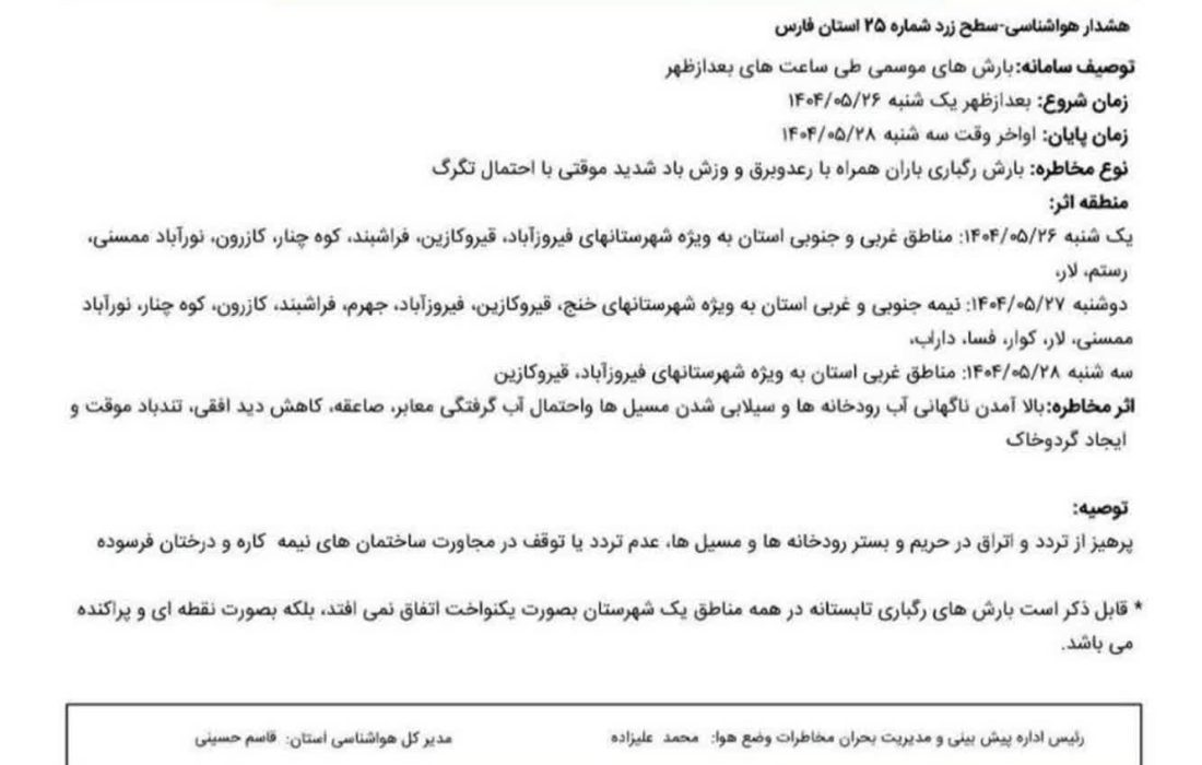 هشدار سطح زرد هواشناسی استان فارس   