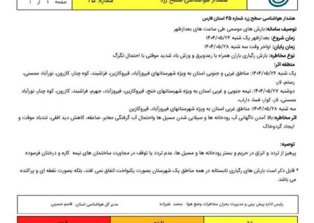 هشدار سطح زرد هواشناسی استان فارس   