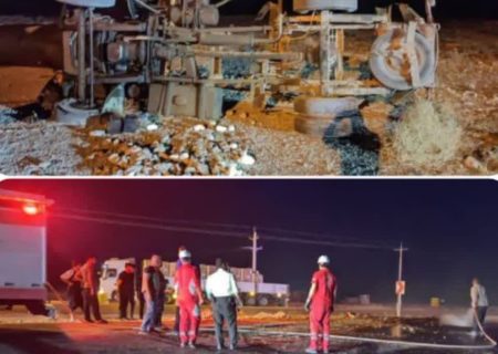 یک مصدوم براثر واژگونی تریلر تانکر حامل سوخت در جاده جهرم _ شیراز